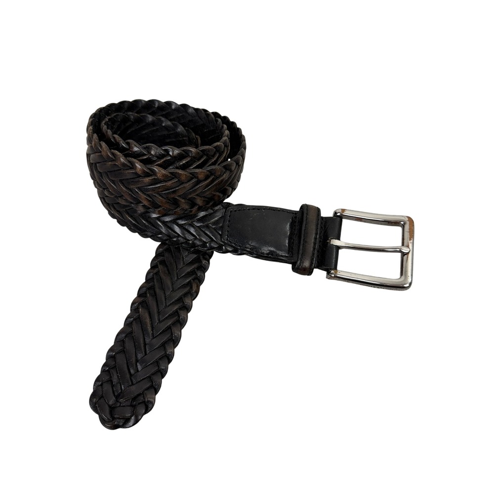 Cole Haan Belt Mens 32 Dark Brown Braided Woven Leather Silver Buckle CHBM31010